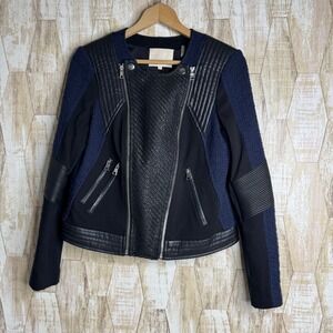 Rebecca Taylor Mixed Media Moto Jacket Black Blue Tweed Faux Leather Sz 4